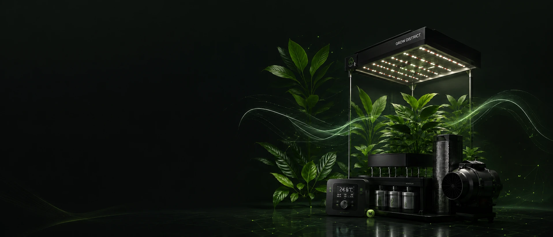 Professional indoor growing equipment: LED grow light, climate controller, inline fan, carbon filter and irrigation modules